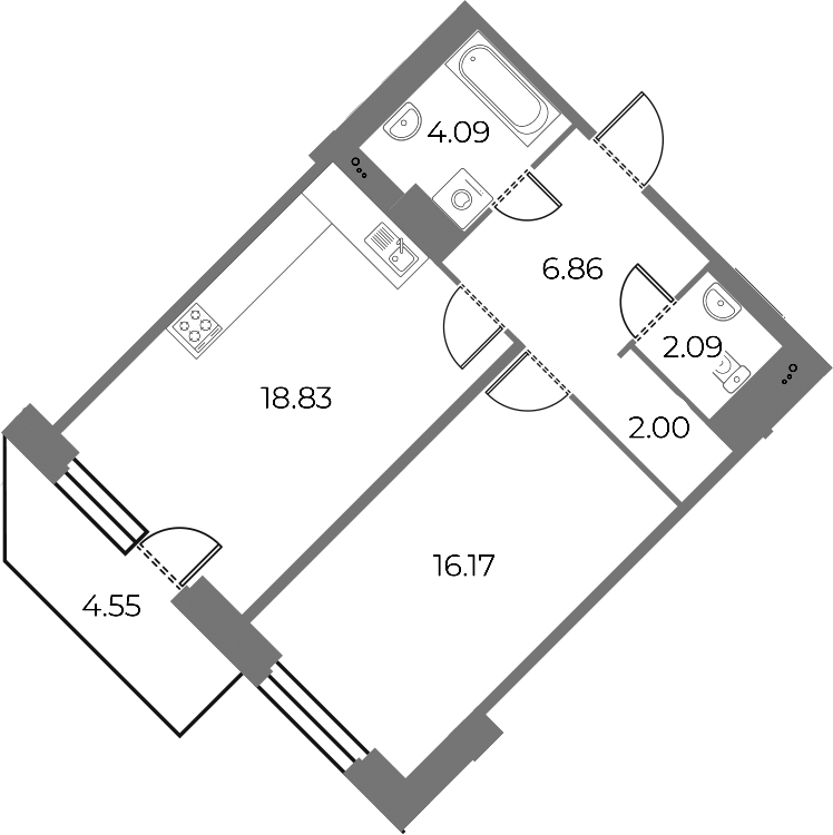 2-комнатная квартира 51.41 м², 19/20 эт., ЖК «Огни Залива»